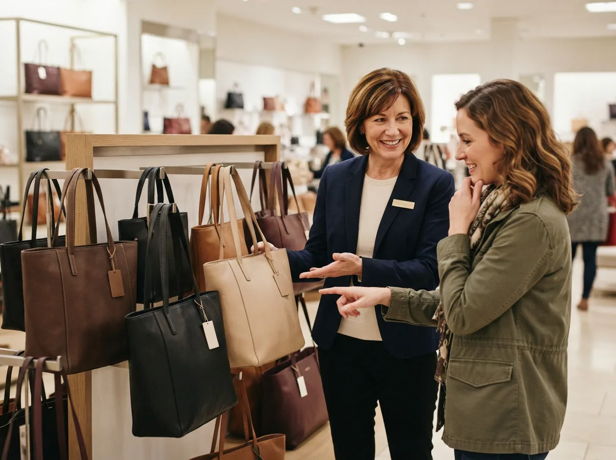 Person asking a question with Coach tote bags in background