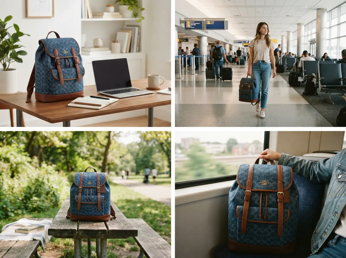 Coach Taylor Signature Denim Backpack in different use-case settings like office, travel, and casual outings.