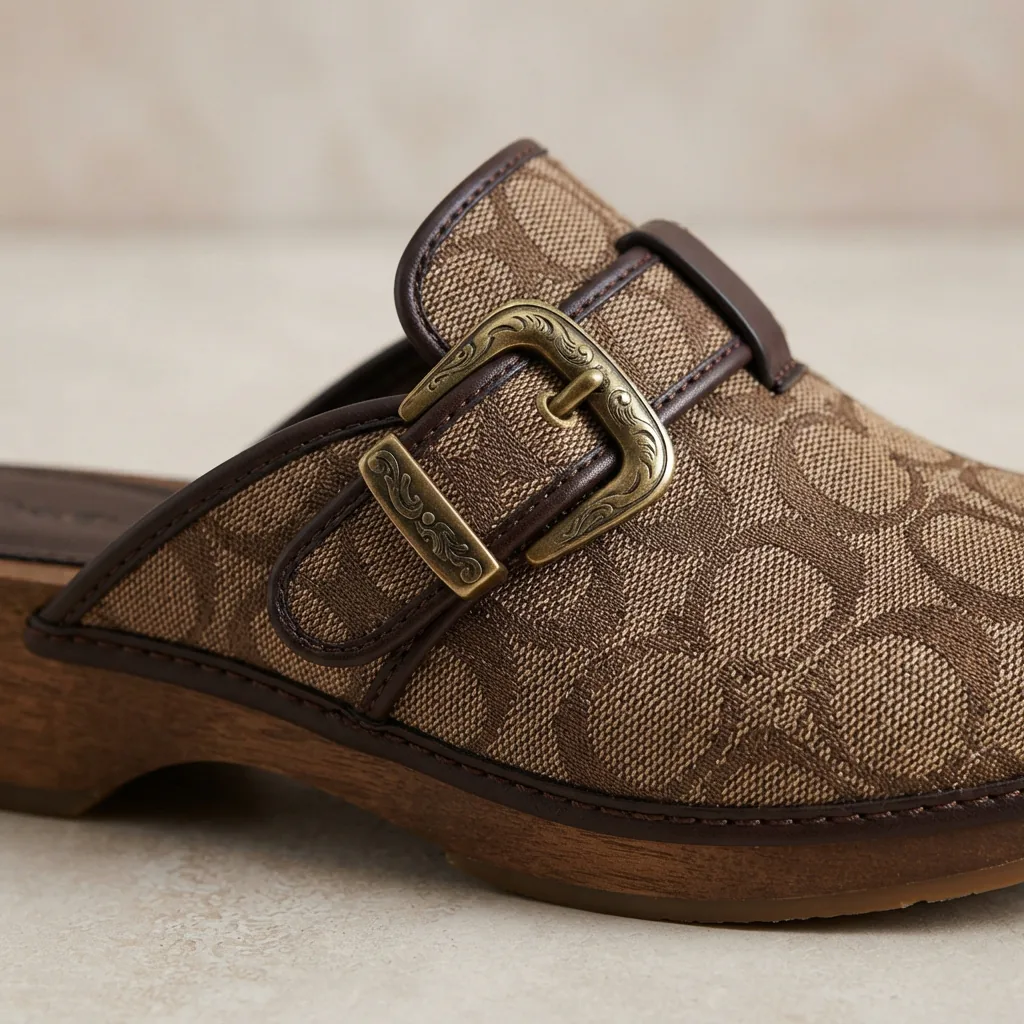 Coach Archival Buckle Clog With Signature Jacquard, showing pattern detail.