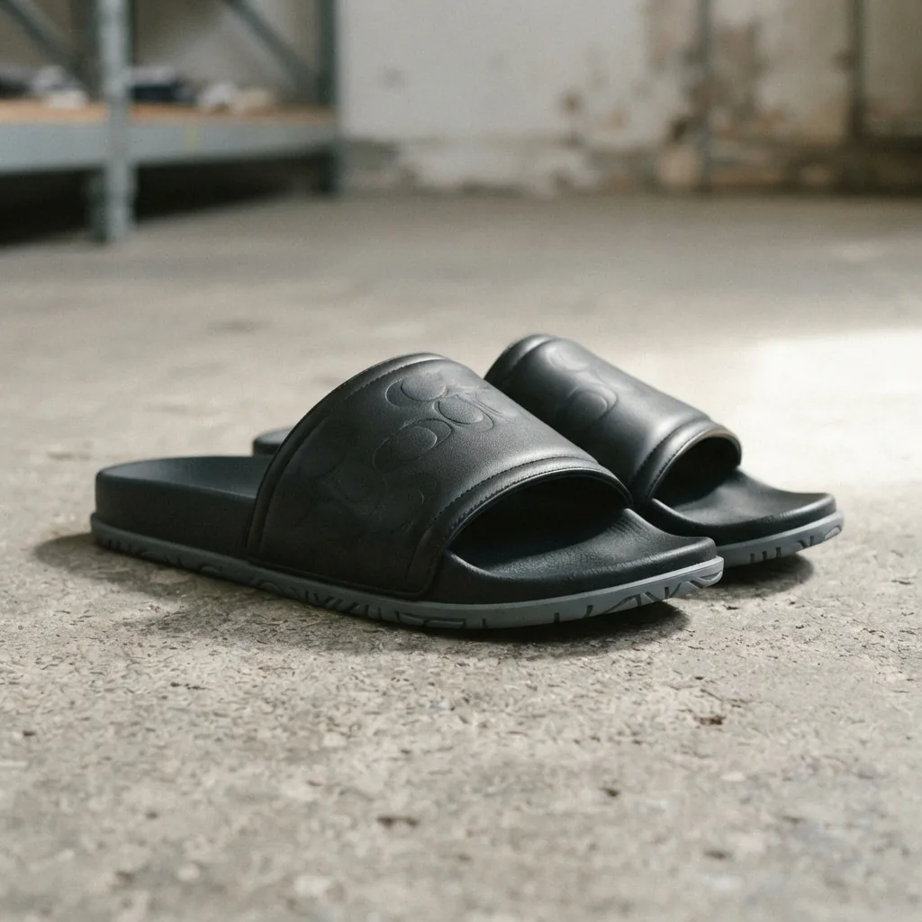 COACH mens slide sandal in a neutral tone, displayed on a clean surface to highlight its design.