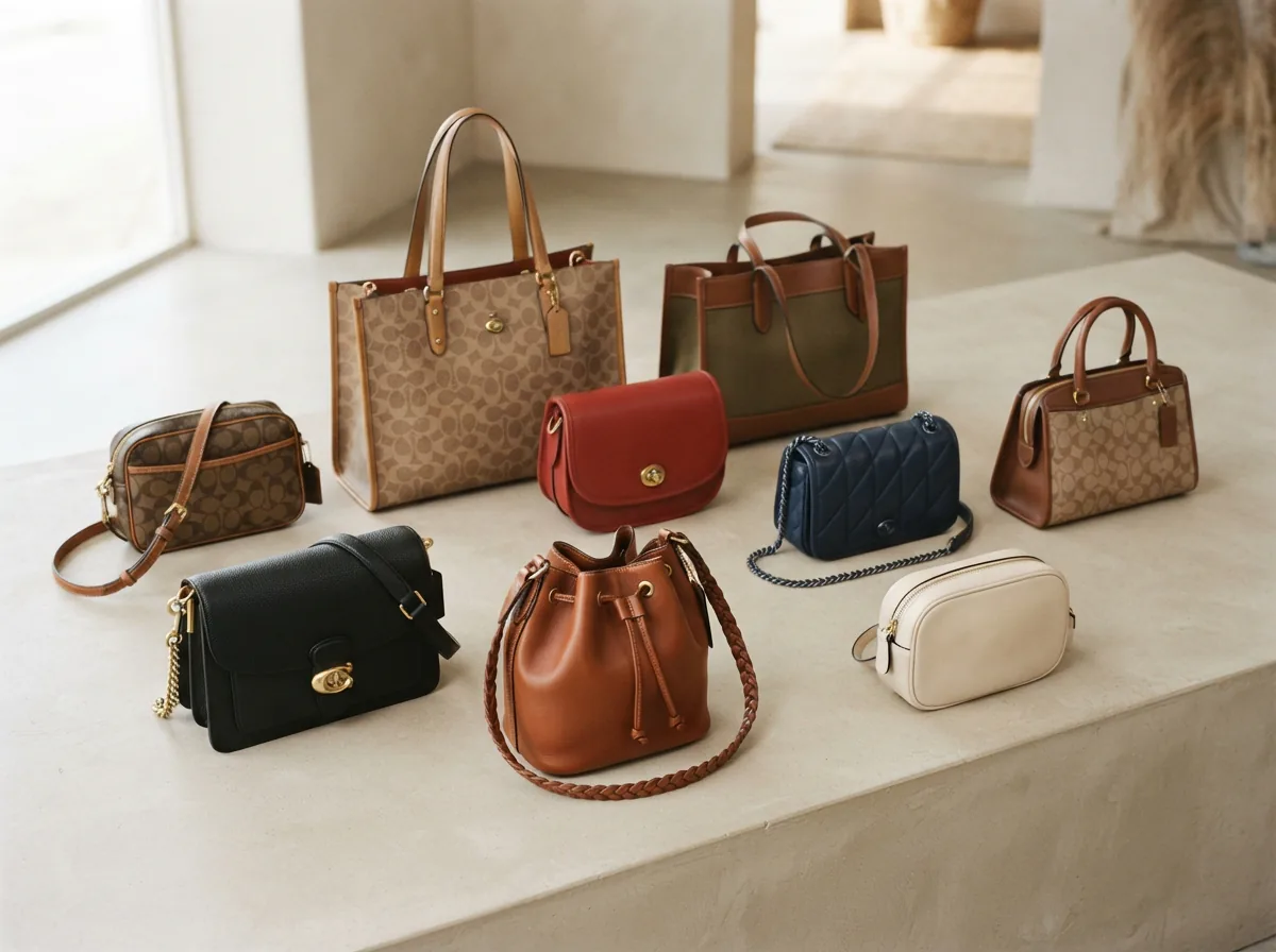 Assortment of Coach purses including leather and canvas styles, arranged to show variety.