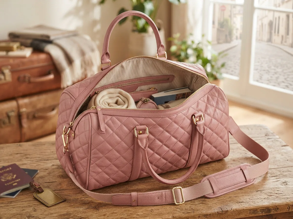 Pink quilted leather duffle bag by Coach with adjustable straps.