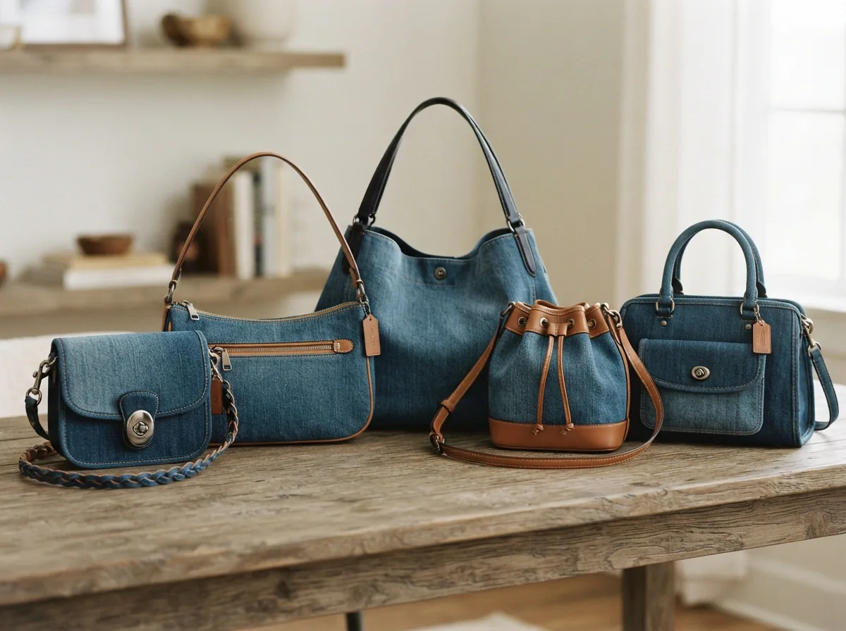 A flat lay of Coach denim bags with labels indicating different closure types and sizes, illustrating comparison factors.
