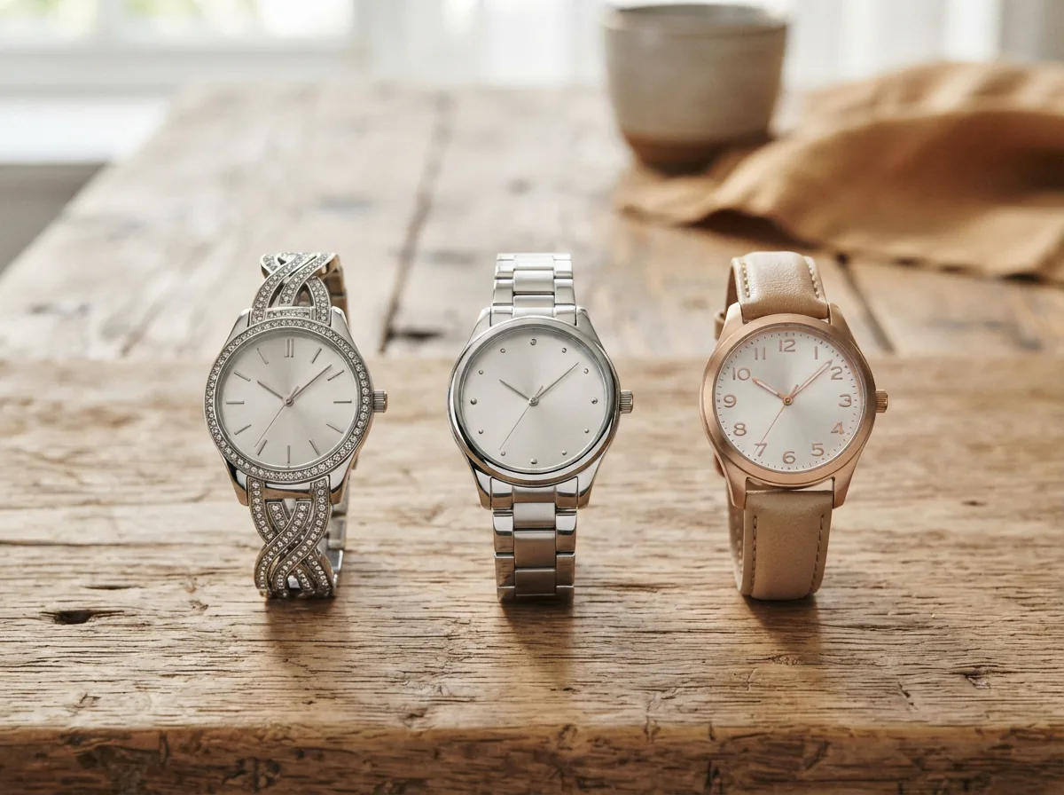A side-by-side display of Coach Reese watches with different bracelets and dials for comparison.