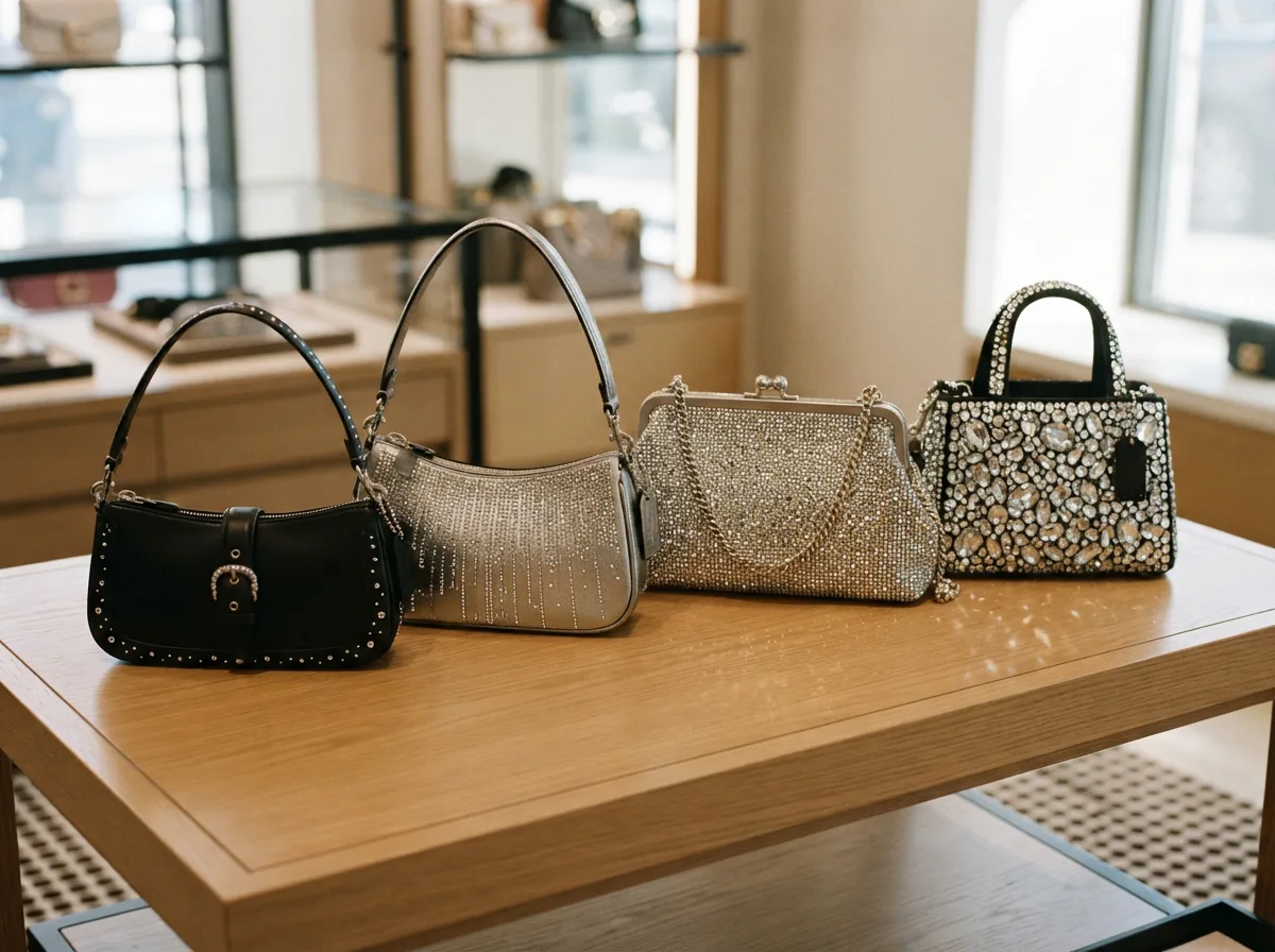 A curated display of Coach crystal bags on a marble surface, showcasing varying crystal densities and bag styles.