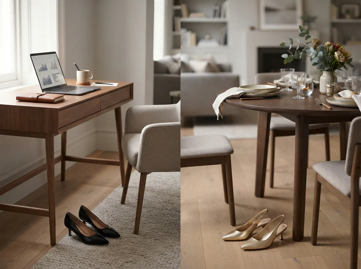 A scene depicting various situations where kitten heels are worn, such as in office settings or social gatherings.