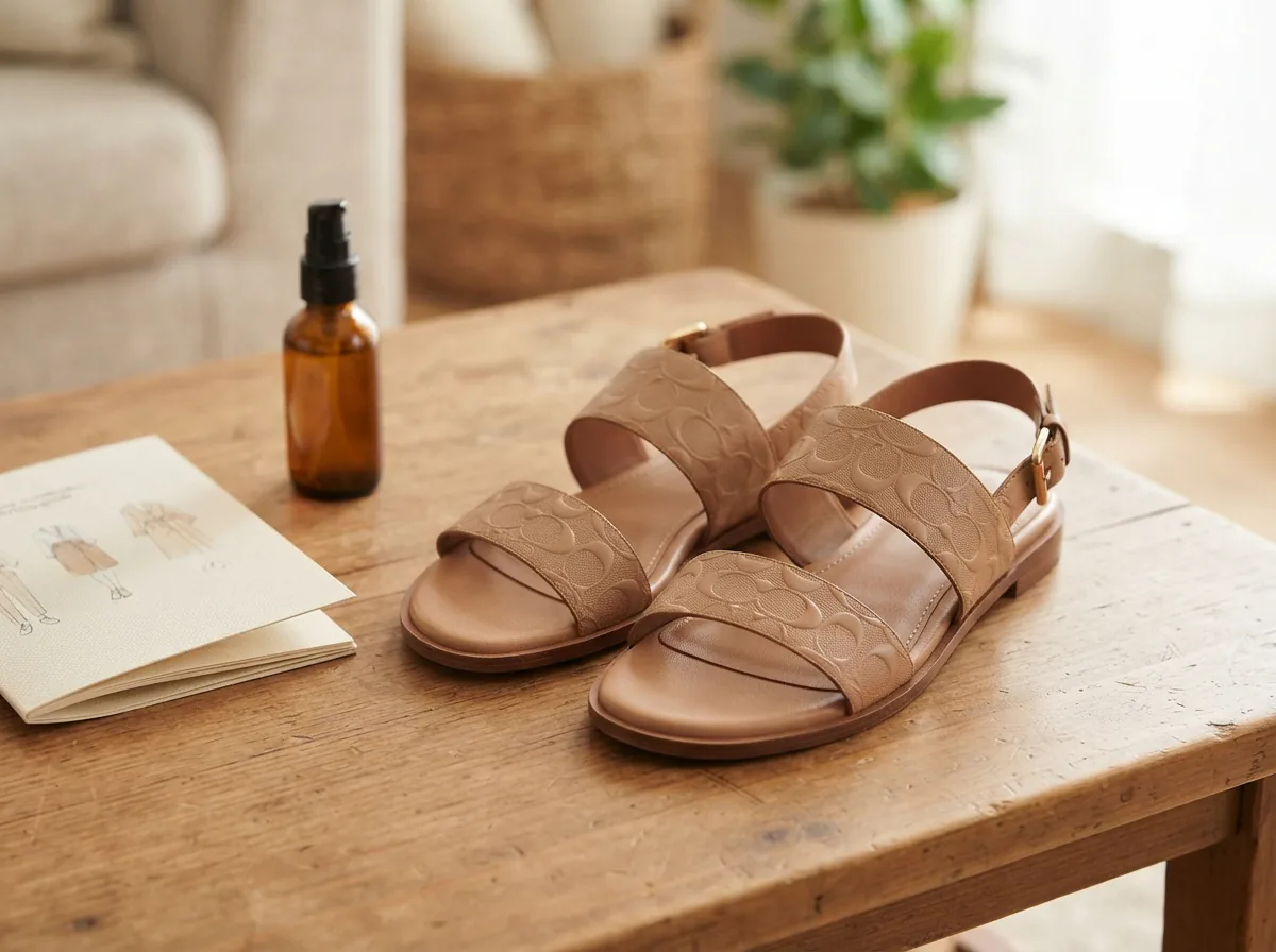 Coach sandals with care and styling accessories in a helpful setting.