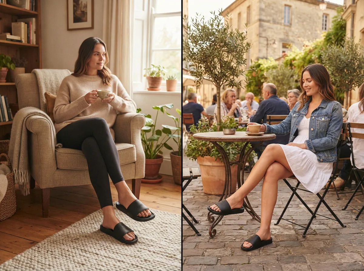 Coach Udele Sport Slides in a home setting and an outdoor cafe, showcasing their suitability for different environments.