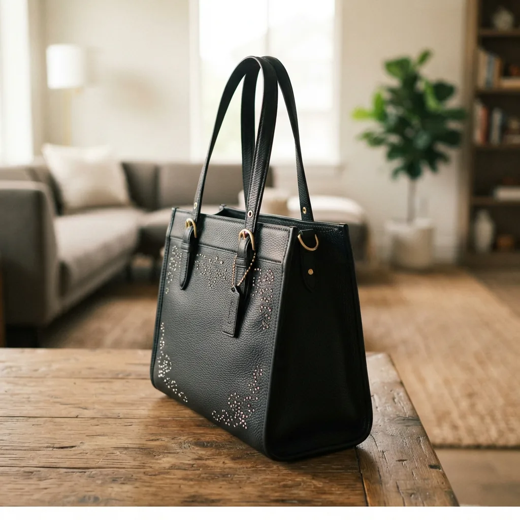 Coach Heritage Crystal Tote bag with crystal details in a lifestyle setting.