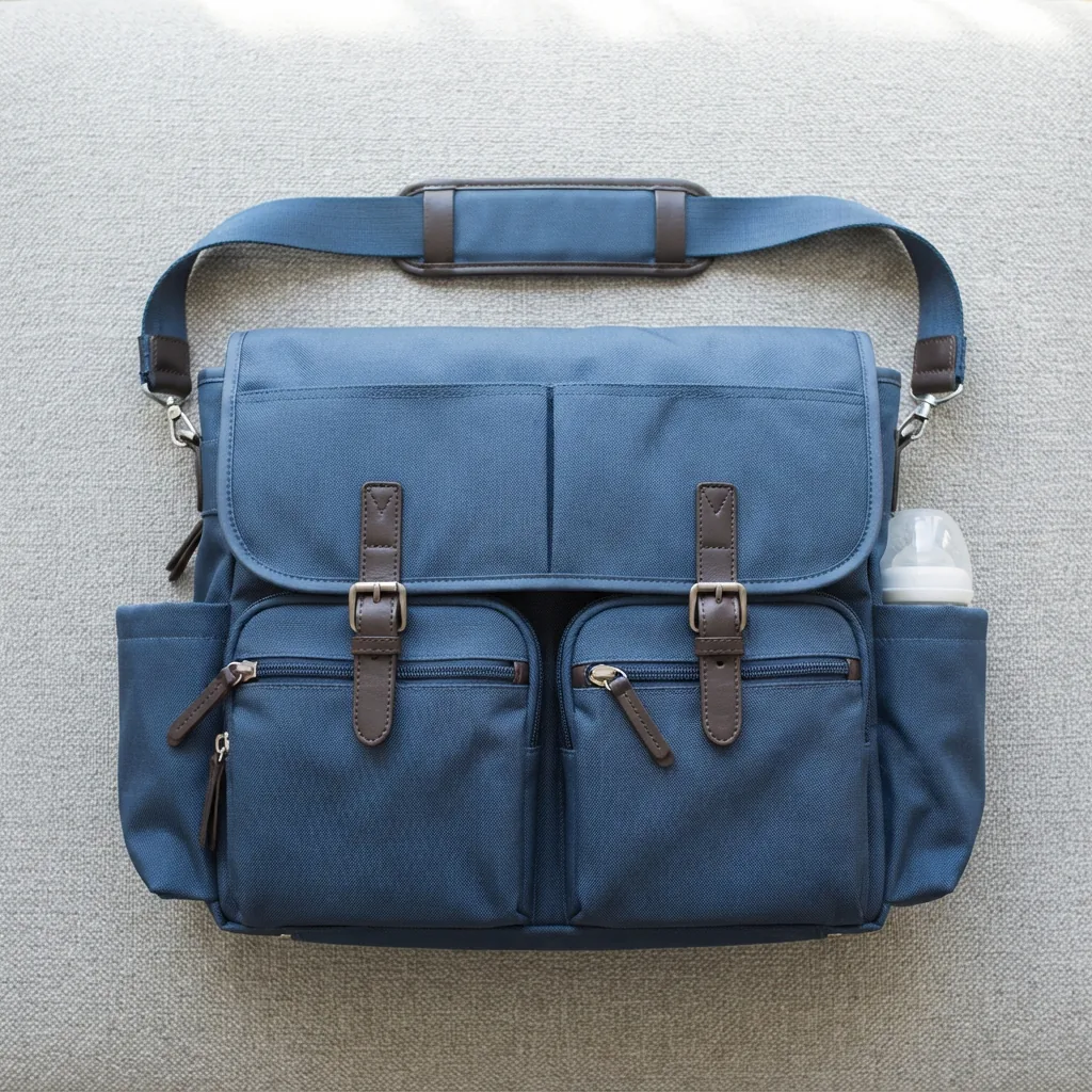 Coach large messenger diaper bag in blue with pockets displayed.
