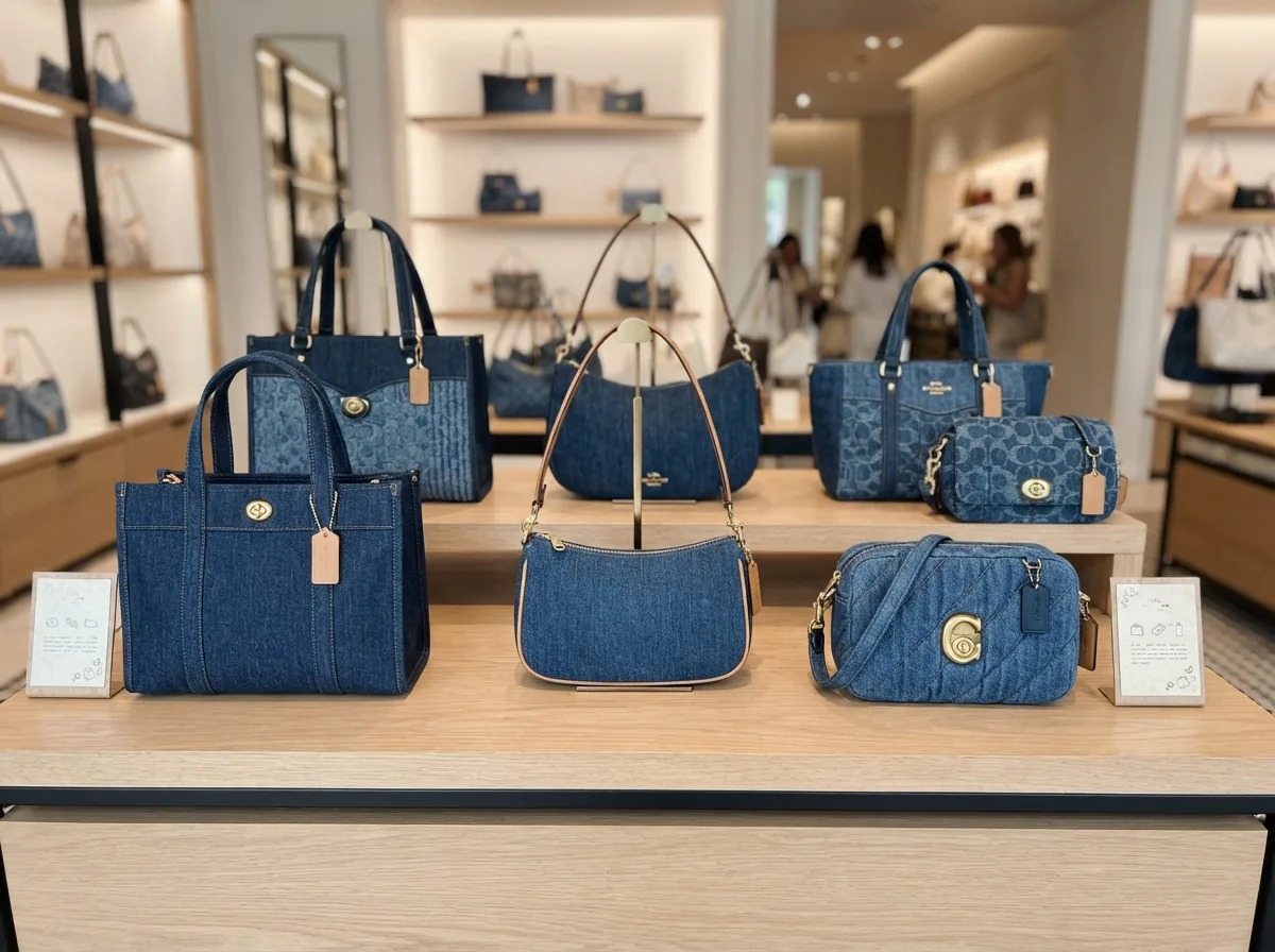 A customer service desk with Coach denim bags and informational materials, representing common questions and answers.