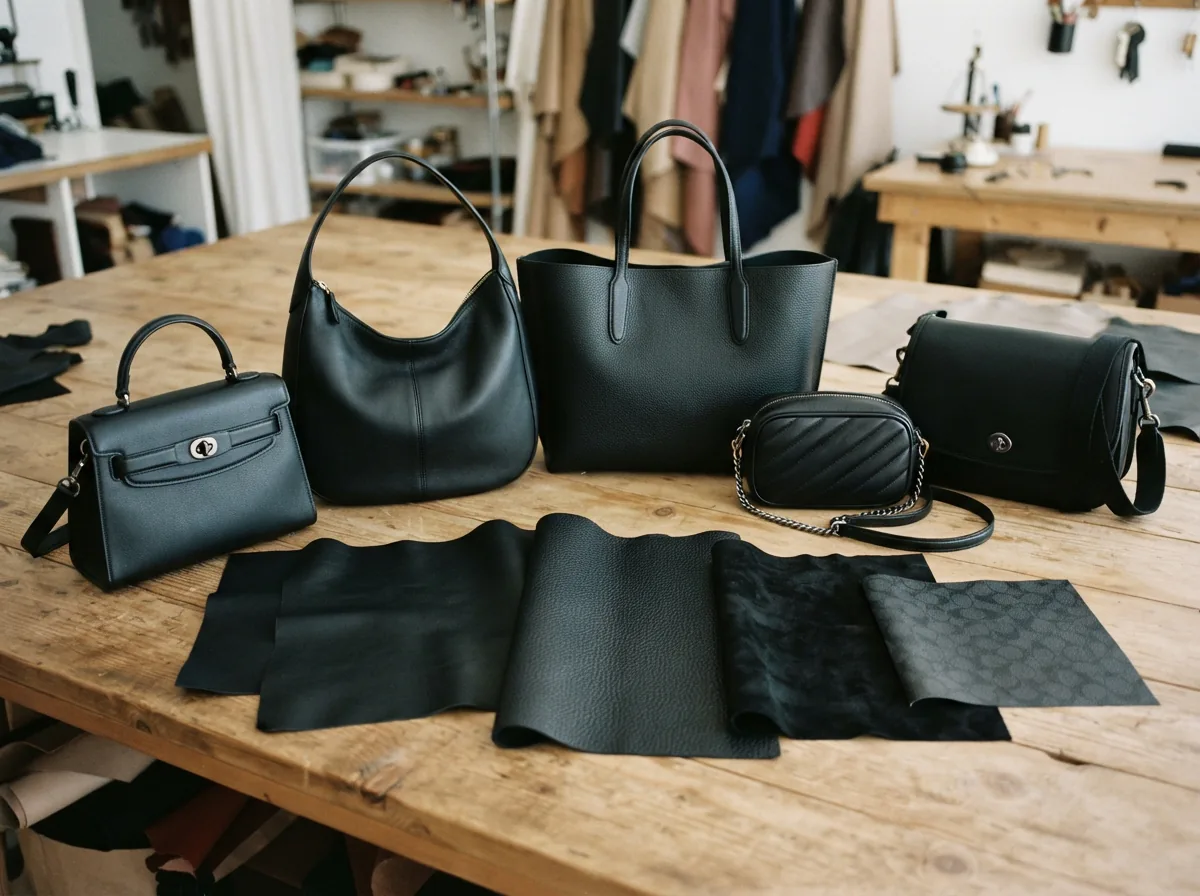 Visual guide comparing size, material, and style factors for Coach black handbags.