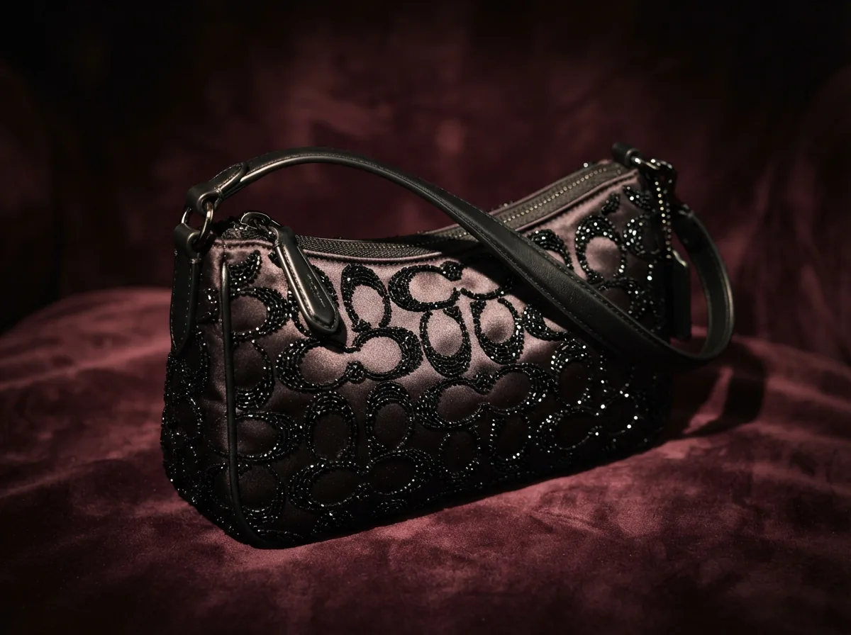 Coach Teri Shoulder Bag in signature beaded satin highlighted in a feature scene.