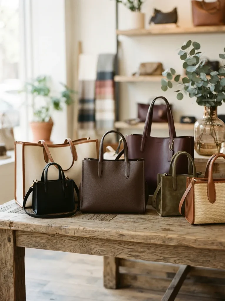 An elegant arrangement of Coach tote bags in various sizes and materials, highlighting their design and versatility.