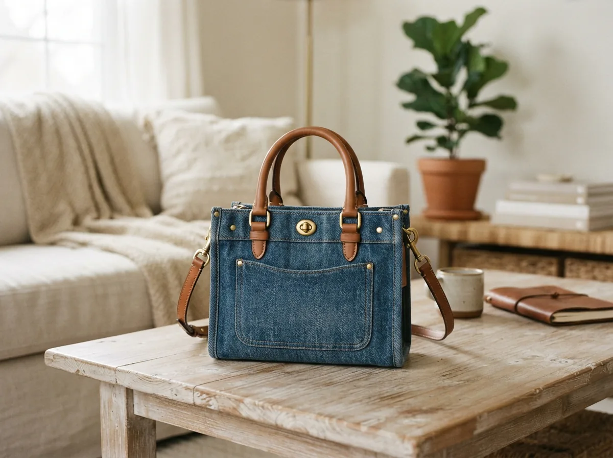 Coach Cargo 26 Mini Denim Handle Tote Bag displayed prominently, showing its handles and compact size.
