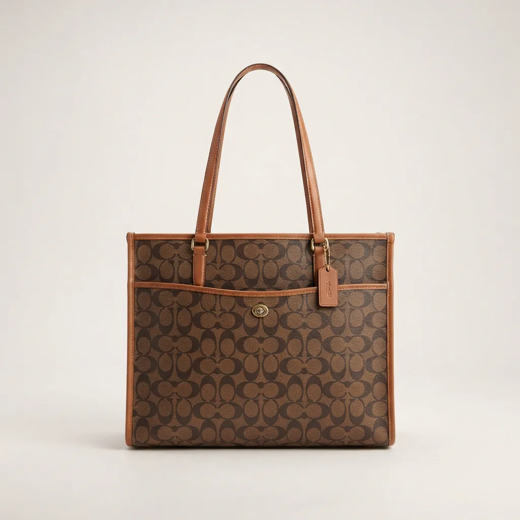 Coach City Tote Bag in signature canvas, shown in a neutral setting to emphasize its pattern and structure.