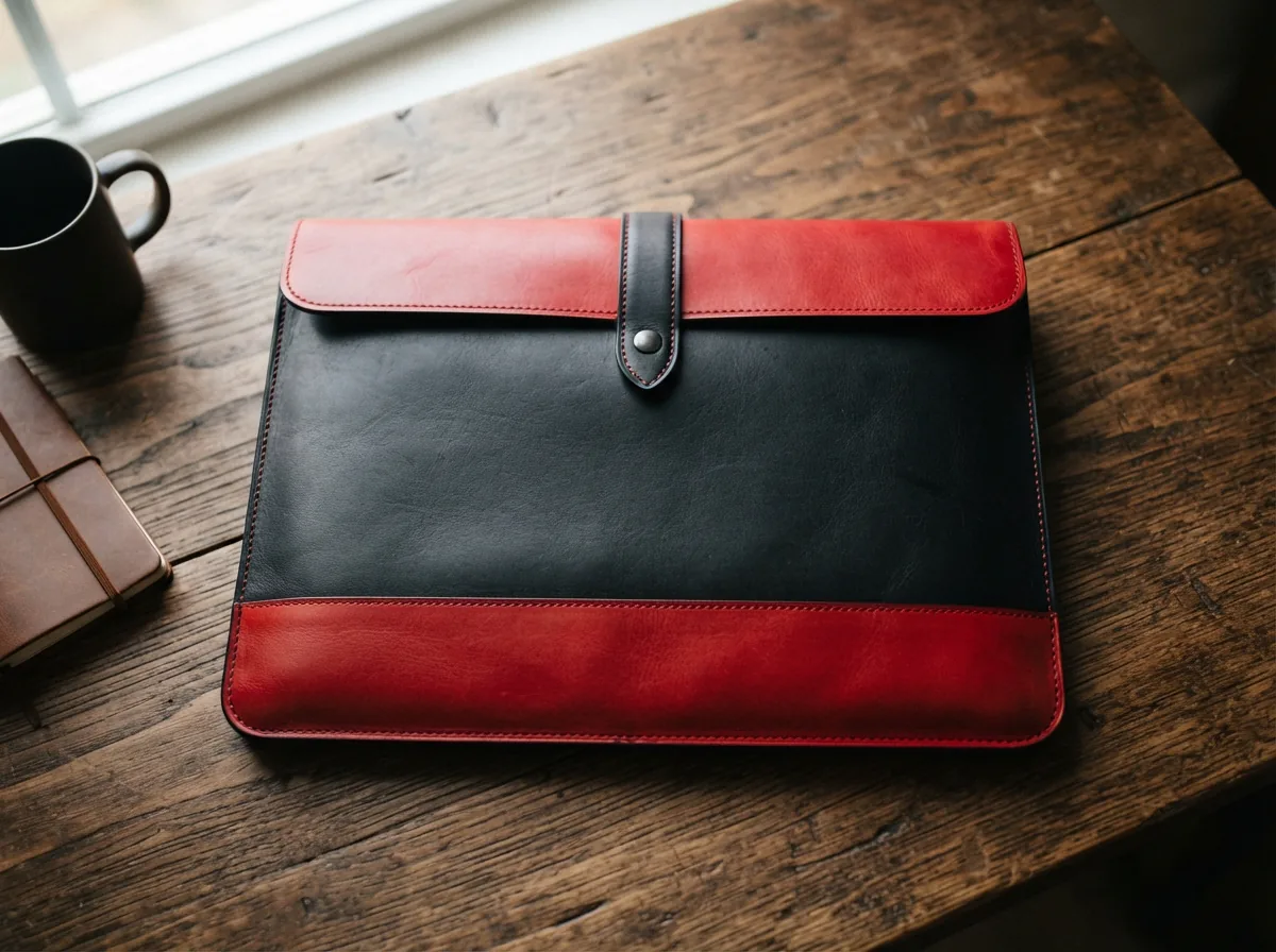A detailed view of the black and red Coach leather laptop sleeve, showcasing its slim design, leather quality, and color contrast.
