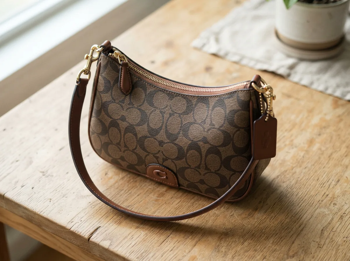 Teri Shoulder Bag in signature canvas with logo tag, displayed in a casual setting.