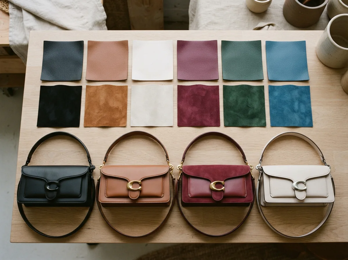 Comparison scene showing different materials and colors of Tabby Shoulder Bag 26 on a neutral surface.