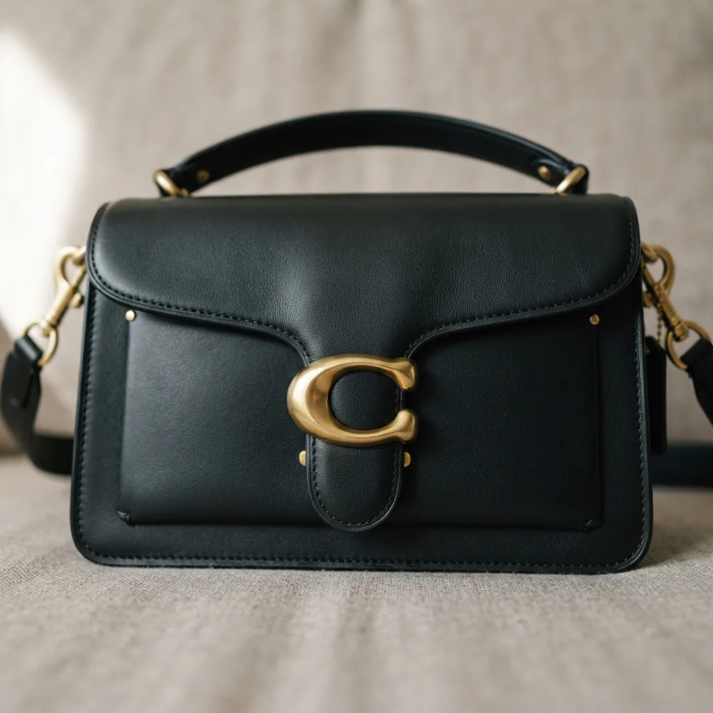 Coach Tabby Shoulder Bag 26 in black leather with brass logo detail.
