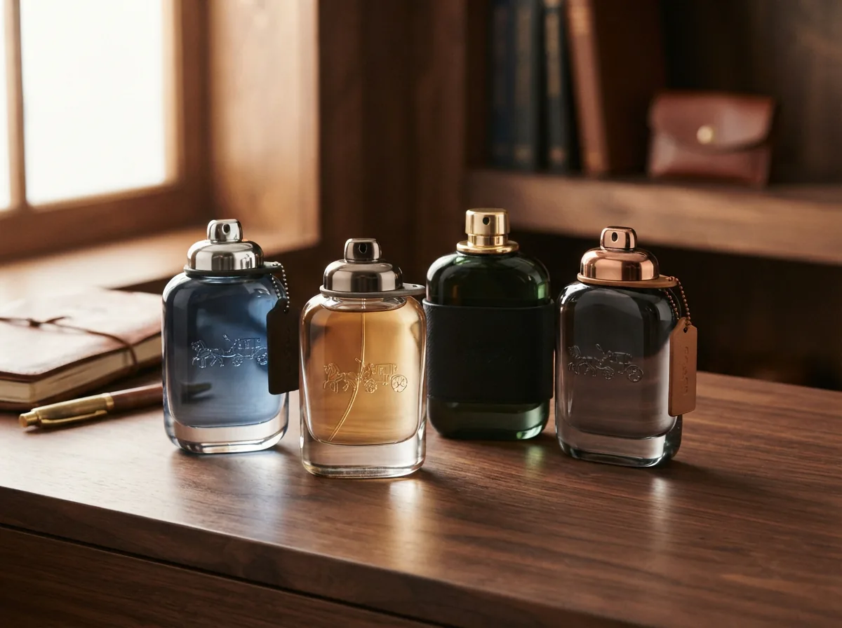 A comparison scene of Coach cologne bottles with varying fragrance notes displayed on a stylish table.