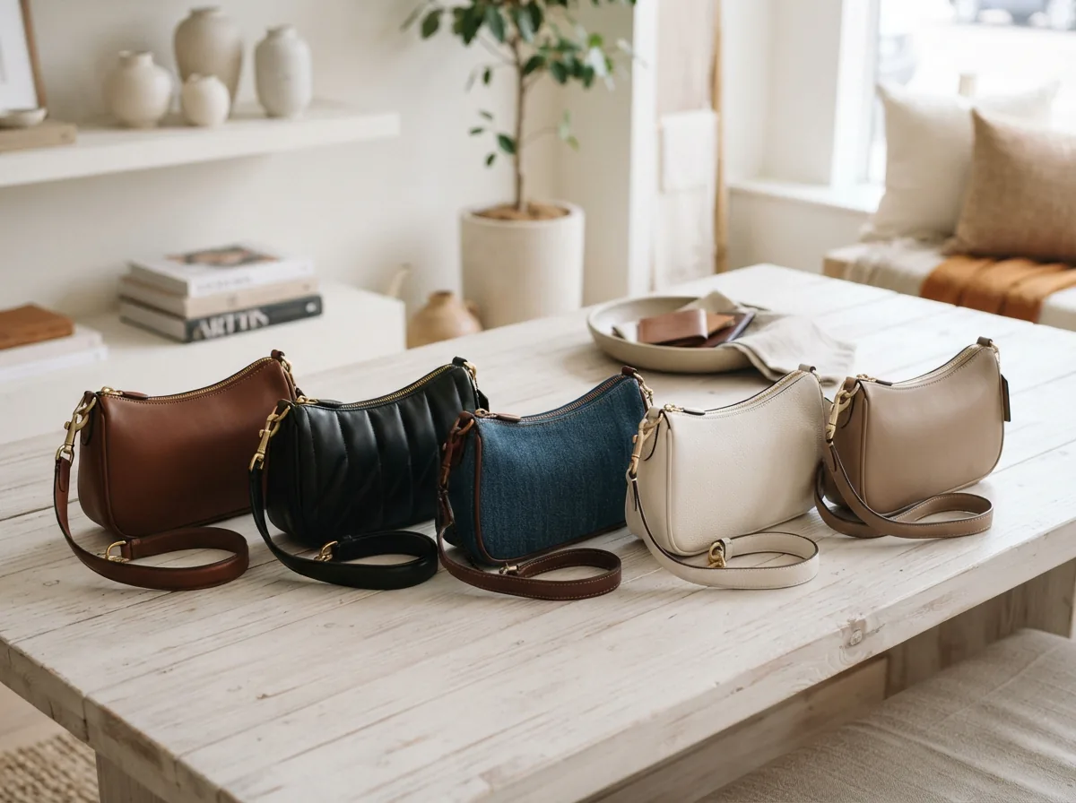 A collection of Coach Teri Shoulder Bags in various materials displayed together.
