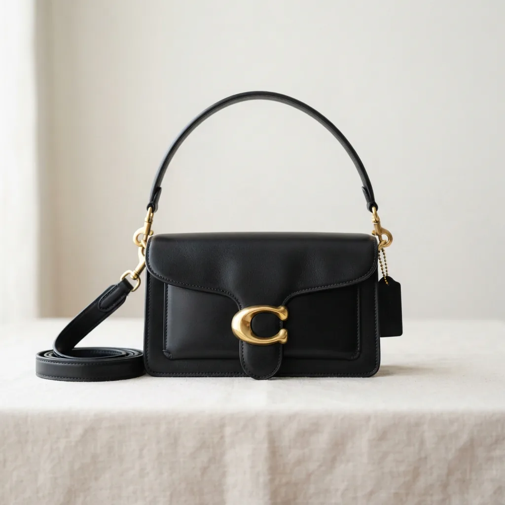 Coach Tabby Shoulder Bag 20 in black leather with embossed logo and metal accents.