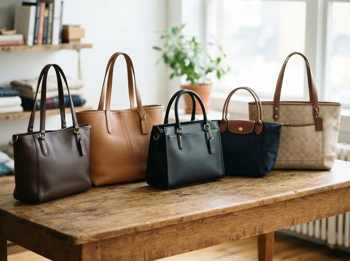 Flat lay of various Coach tote bags showing leather and canvas options