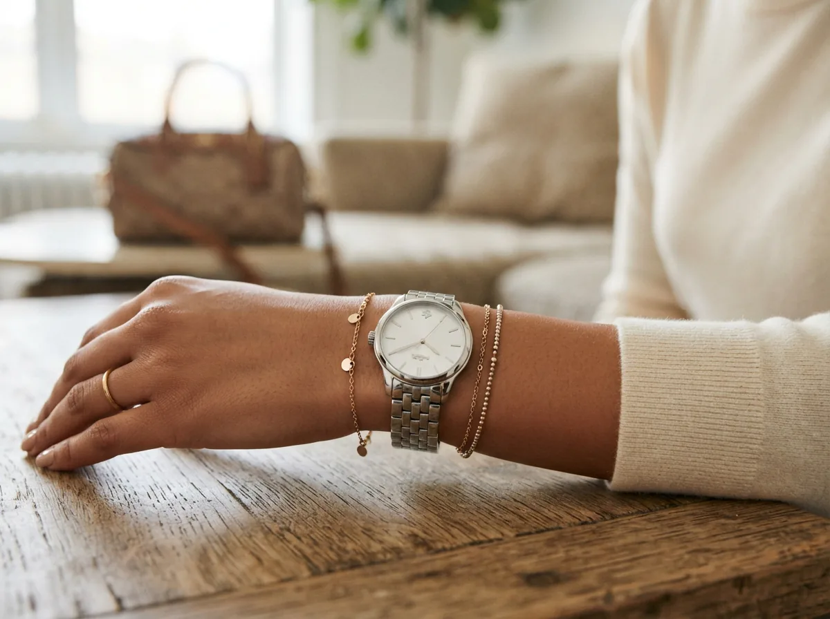A close-up of a Coach Reese watch on a wrist with styling accessories nearby.