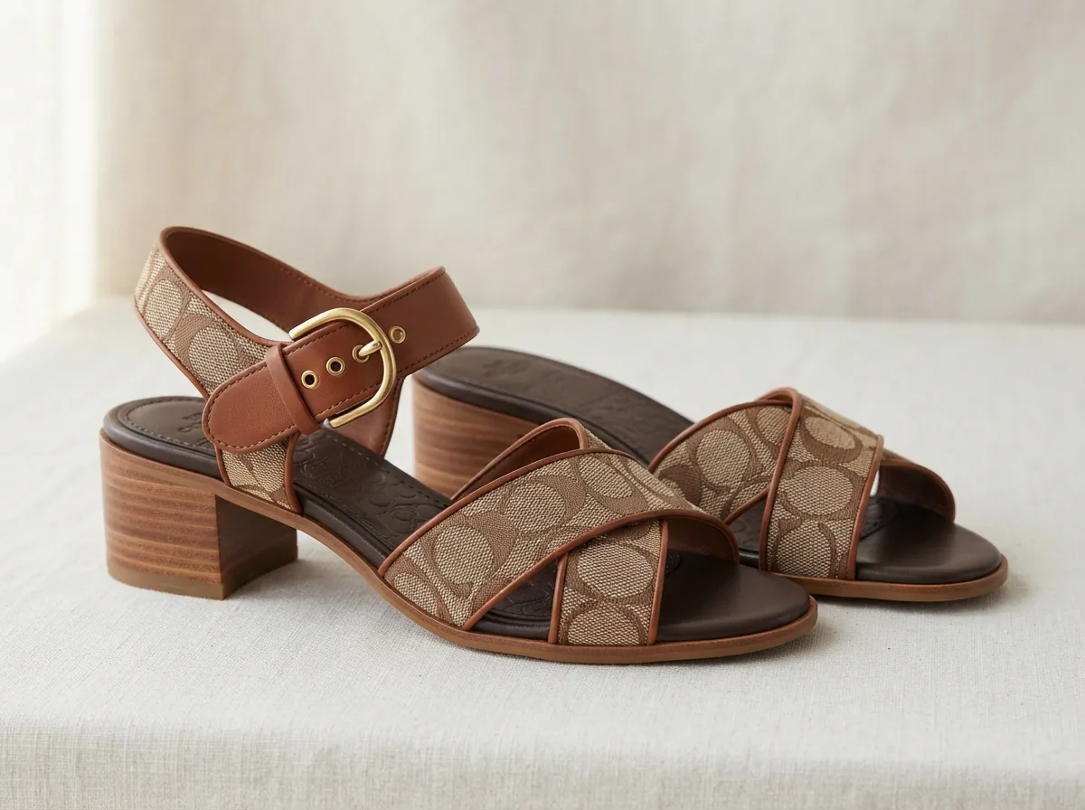 Coach Crisscross Buckle Sandal in signature jacquard, showing both the patterned fabric and buckle closure.