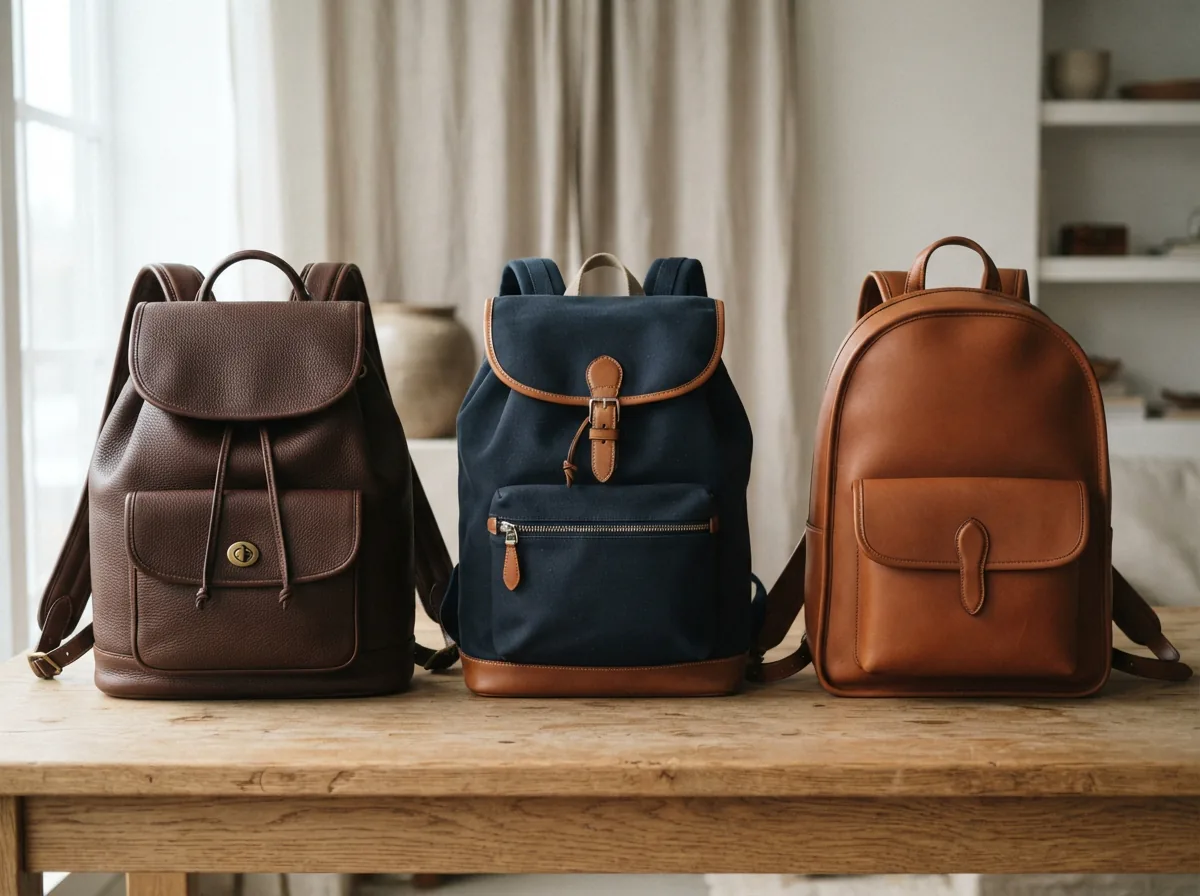 Coach backpacks displayed for comparison, showing leather and canvas materials in various styles.
