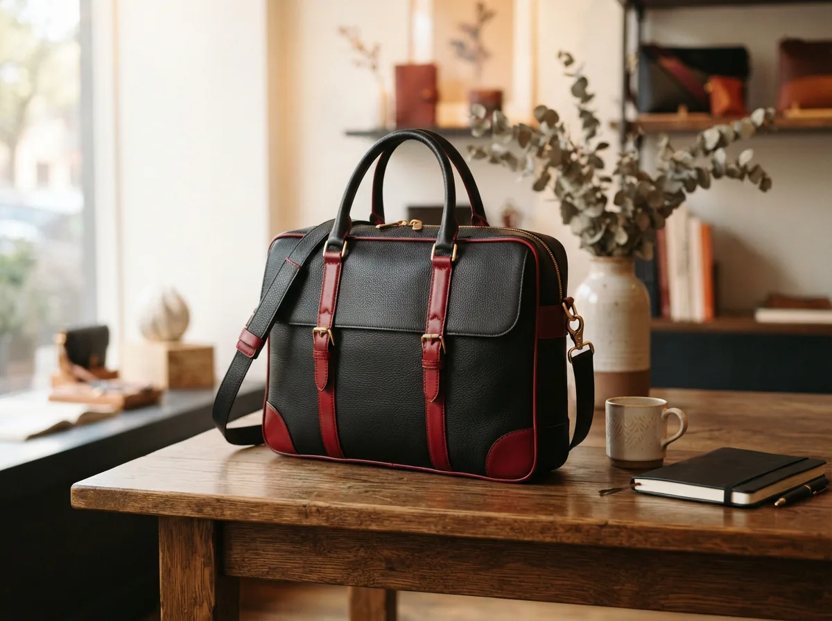 A supportive image for FAQ, showing a black and red Coach laptop bag in a casual setting, inviting curiosity and guidance.