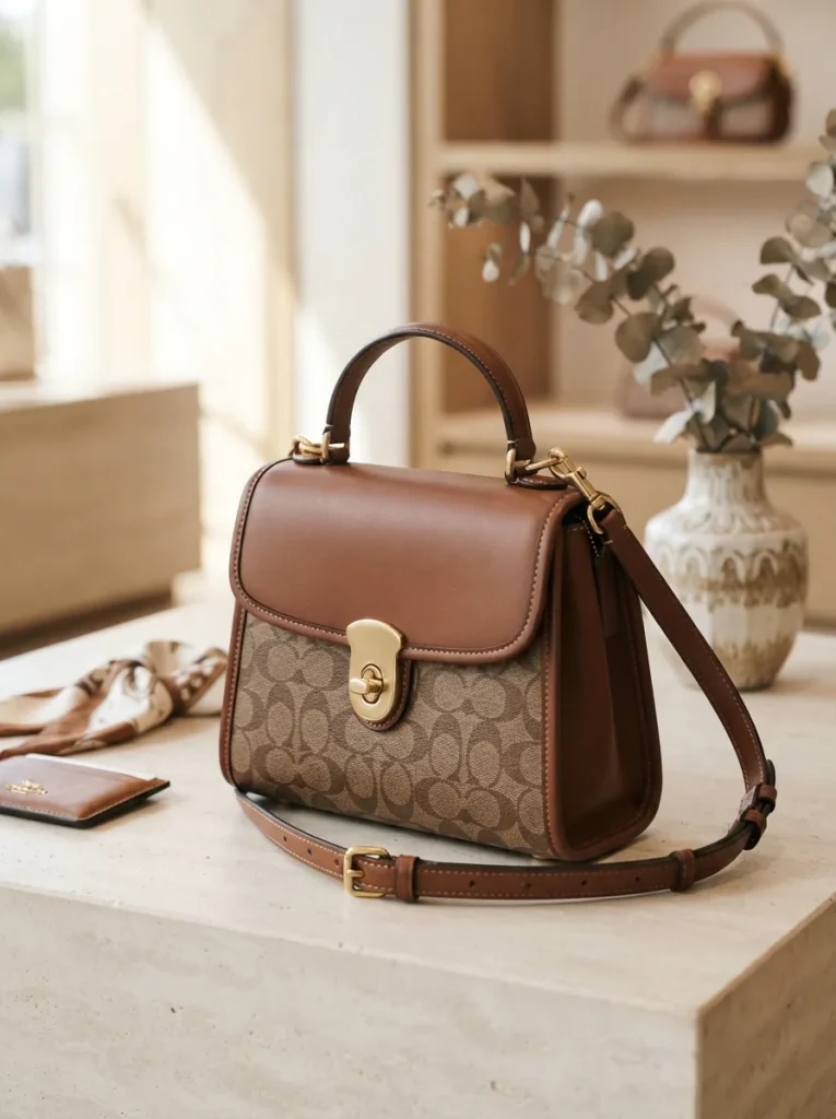 The Coach Plaza Bag 18 in Signature Canvas, presented as the central product in a stylish setting.