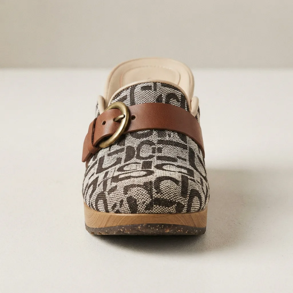 Buckle Clog In Signature Jacquard, front angle view.