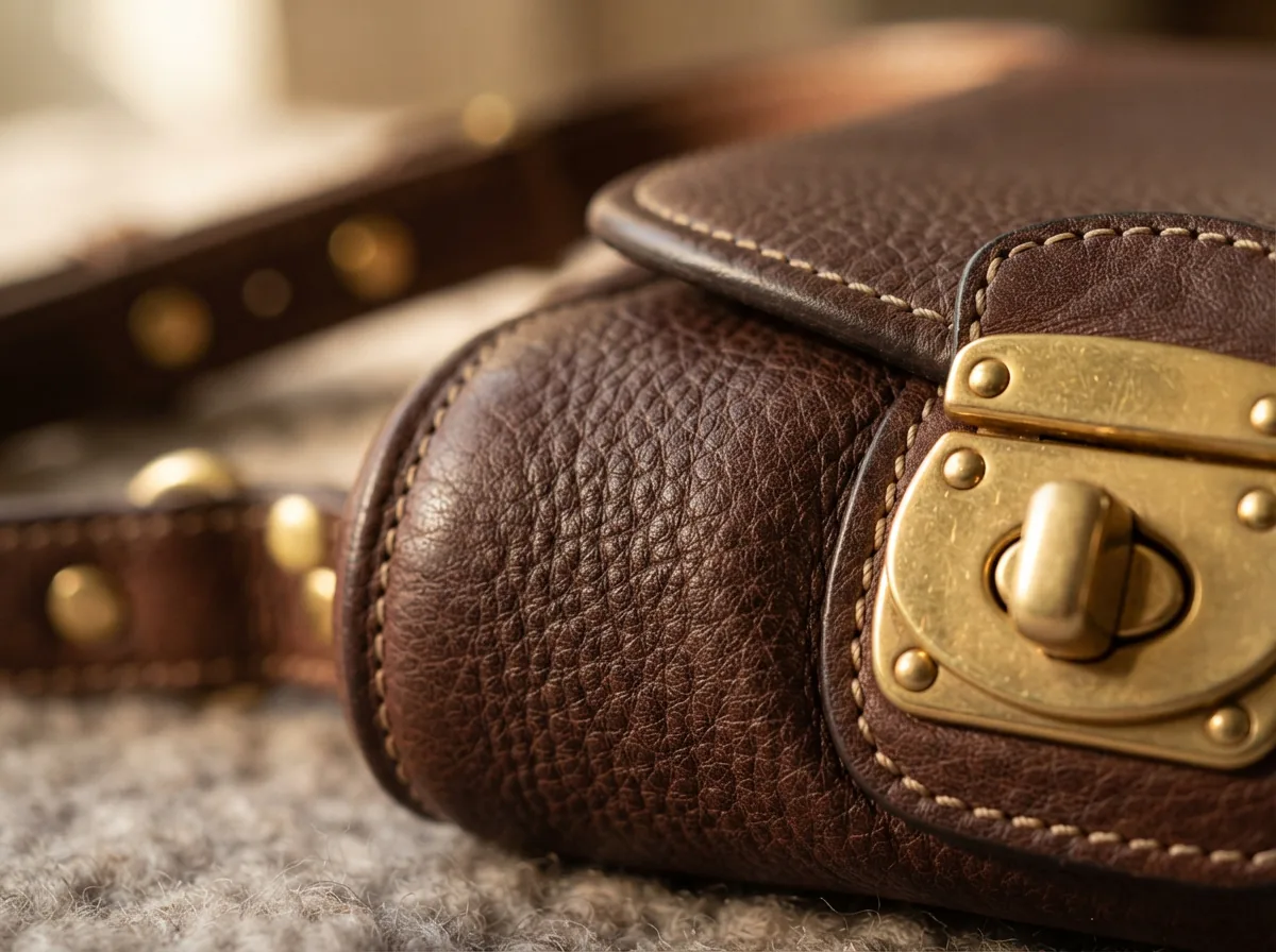 A close-up detail shot of a Coach handbag's leather texture and brass hardware.
