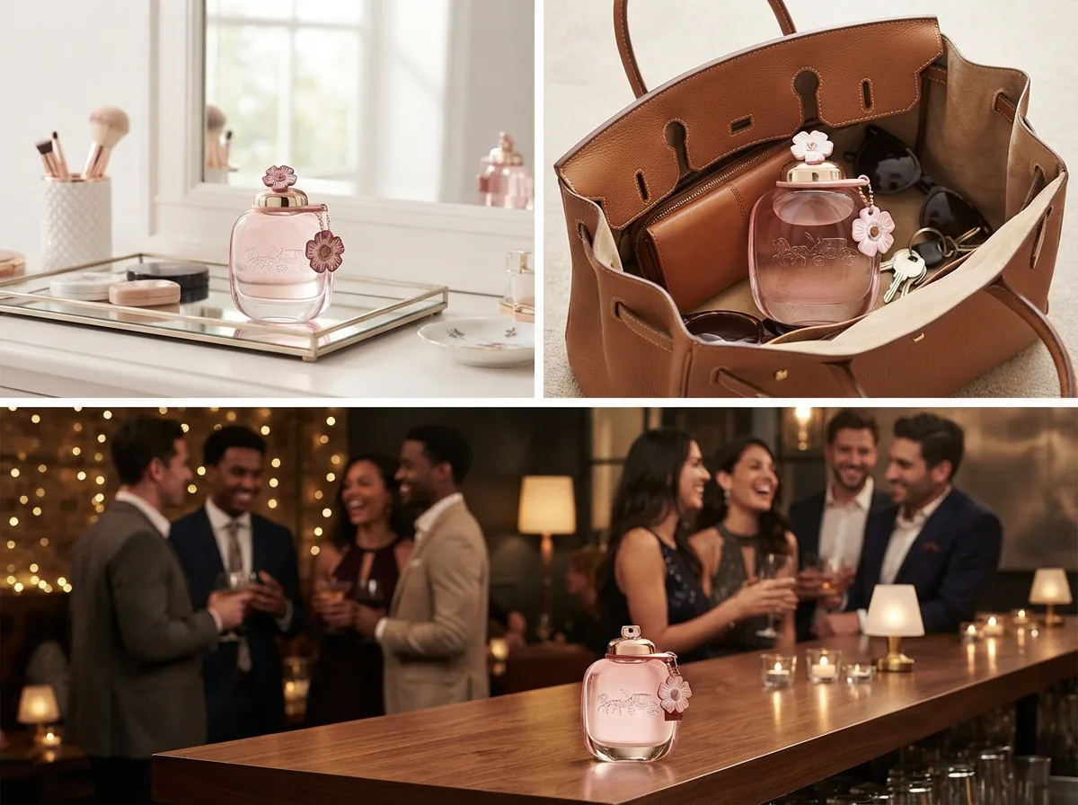 Collage of scenarios where Coach Floral perfume is used, such as at a brunch, in an office, or at a dinner.