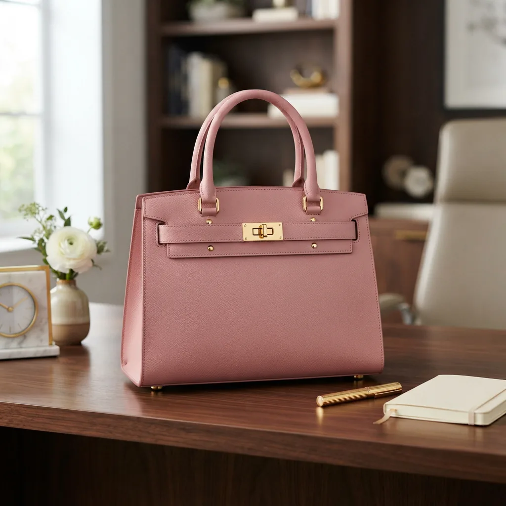 Pink leather tote bag with gold turnlock closure and structured design.