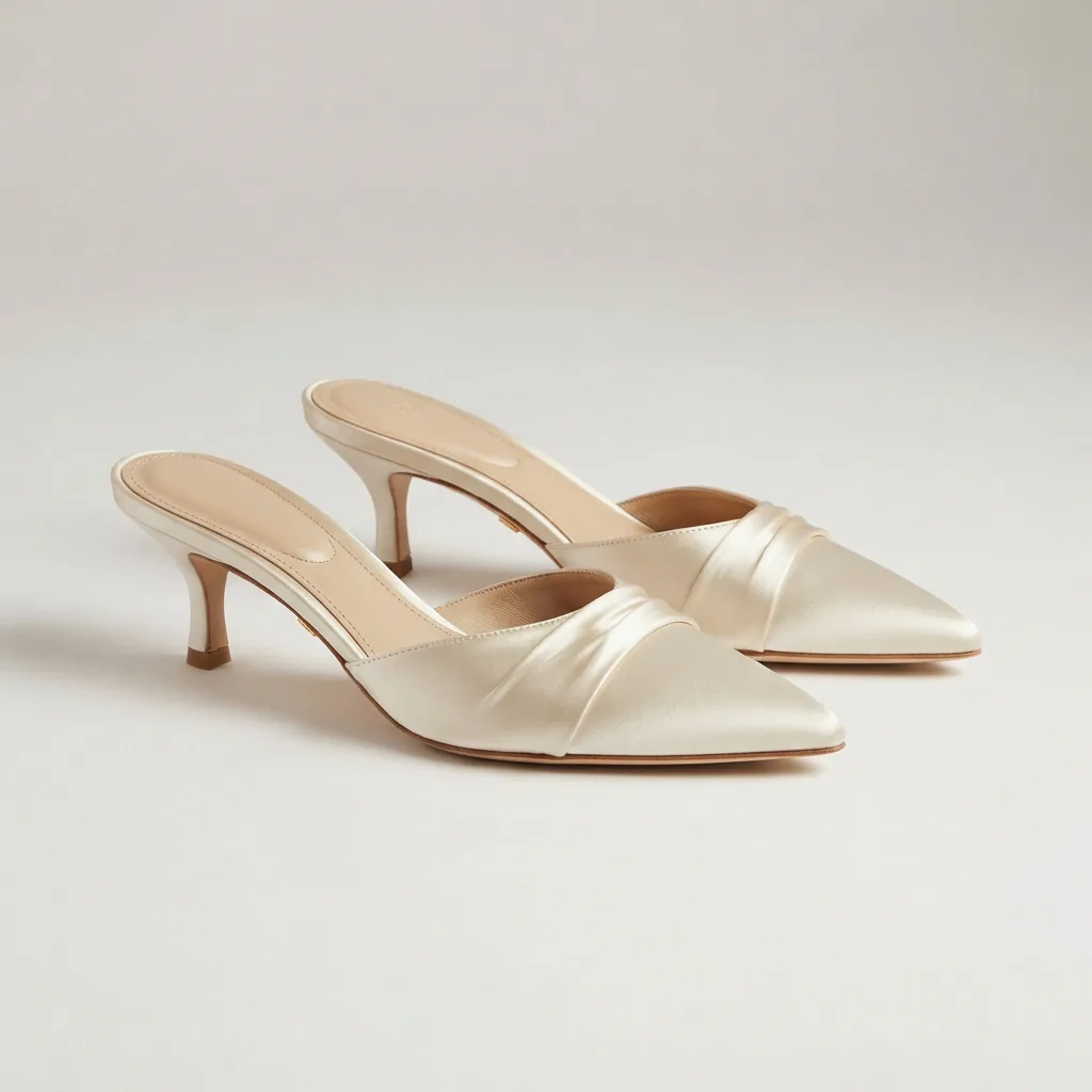 Margot Signature Satin Leather Slip-On Kitten Heel Sandals in a rich color, showcasing the satin finish and convenient slip-on design.