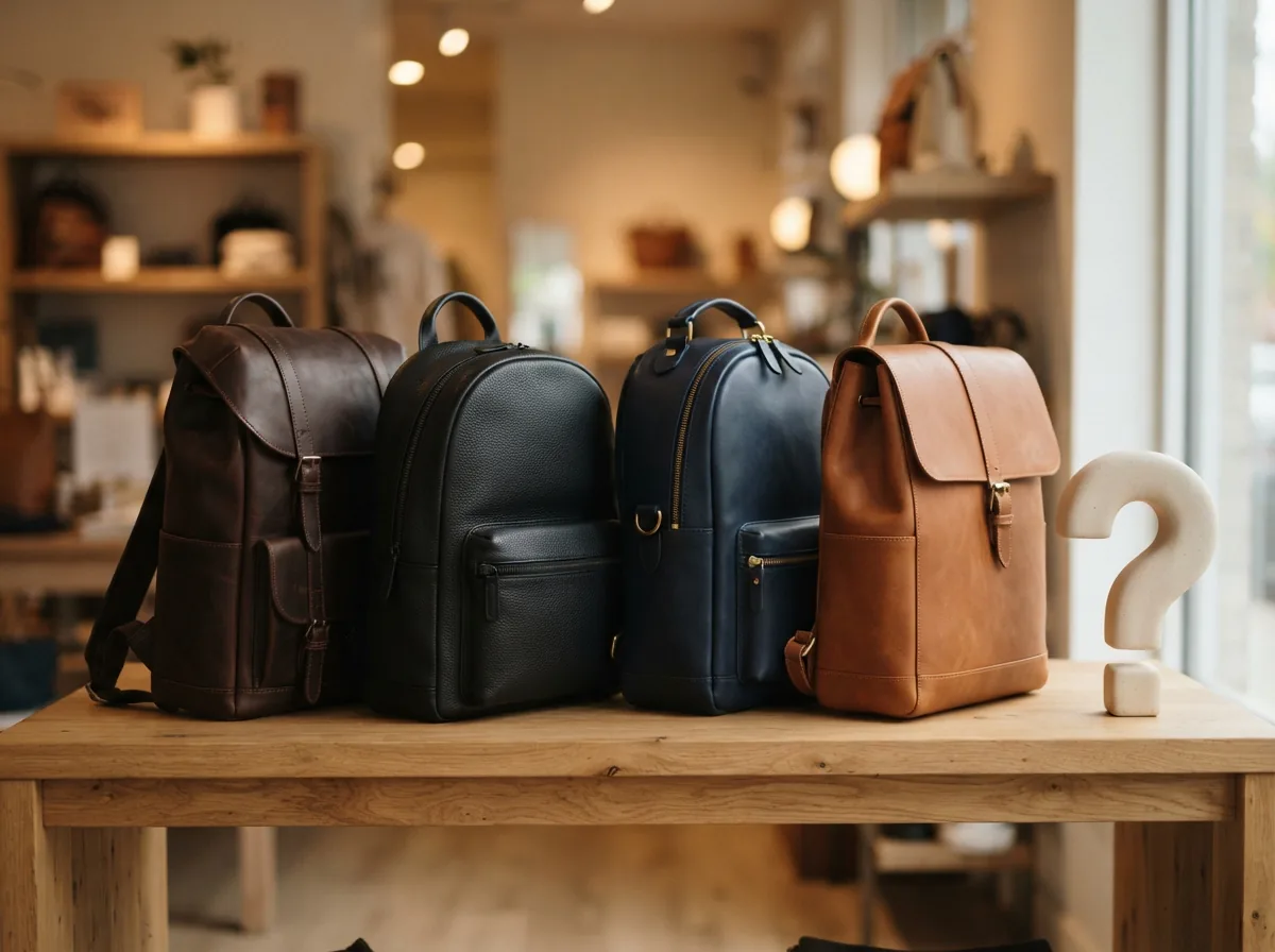 Assortment of Coach backpacks with a subtle question mark graphic, suggesting customer queries.