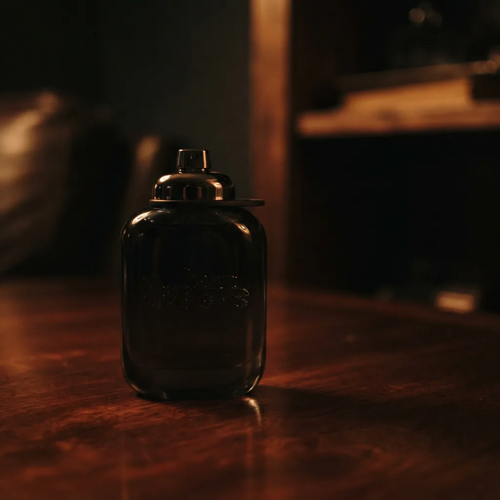 Coach Eau de Parfum bottle in a luxurious setting with dark wood elements.