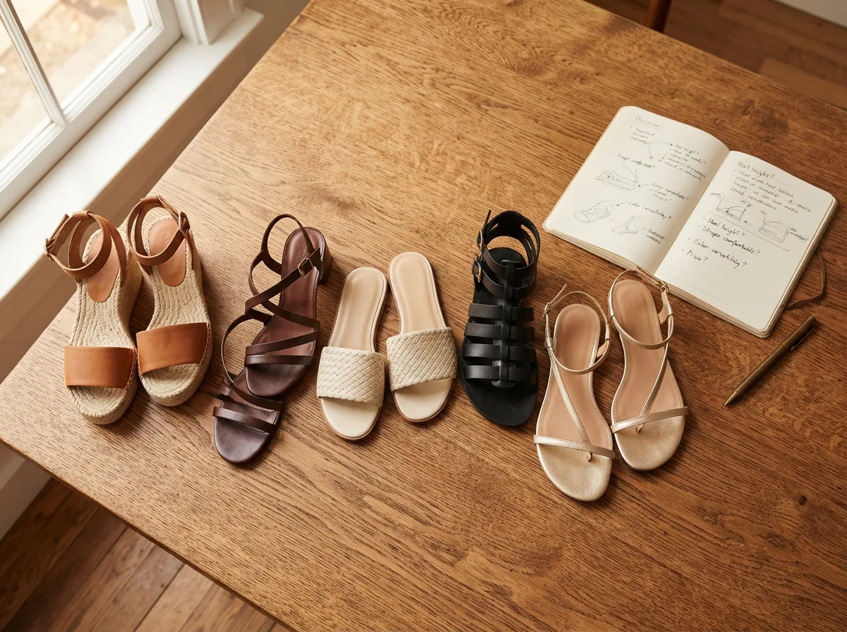 A collection of Coach sandals arranged in a lifestyle setting with a notebook and pen for decision-making.