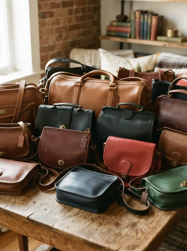 Assortment of vintage Coach leather bags arranged artistically to showcase the category's diversity