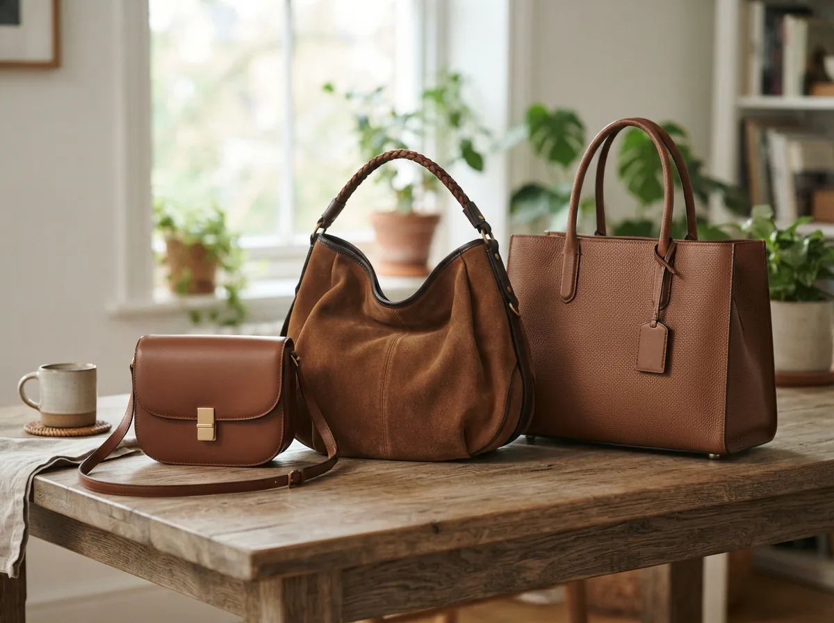 Comparison scene of Coach brown bags with different materials and sizes.