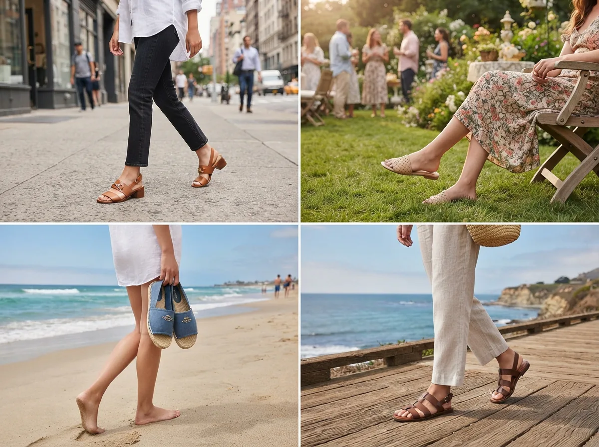 Coach sandals in various use-case scenarios to illustrate versatility.