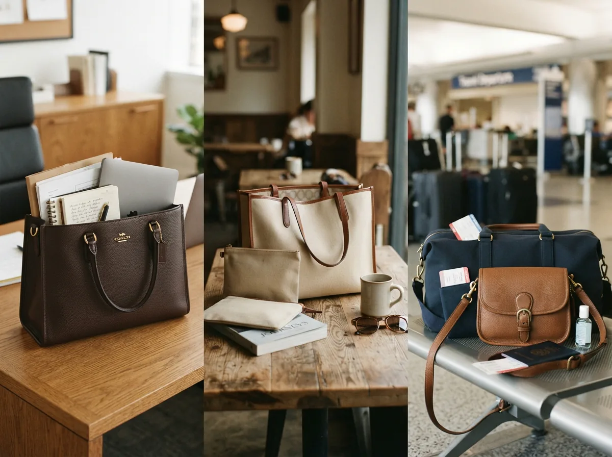 Coach purses in different use-case scenarios, such as office, casual, and travel settings.