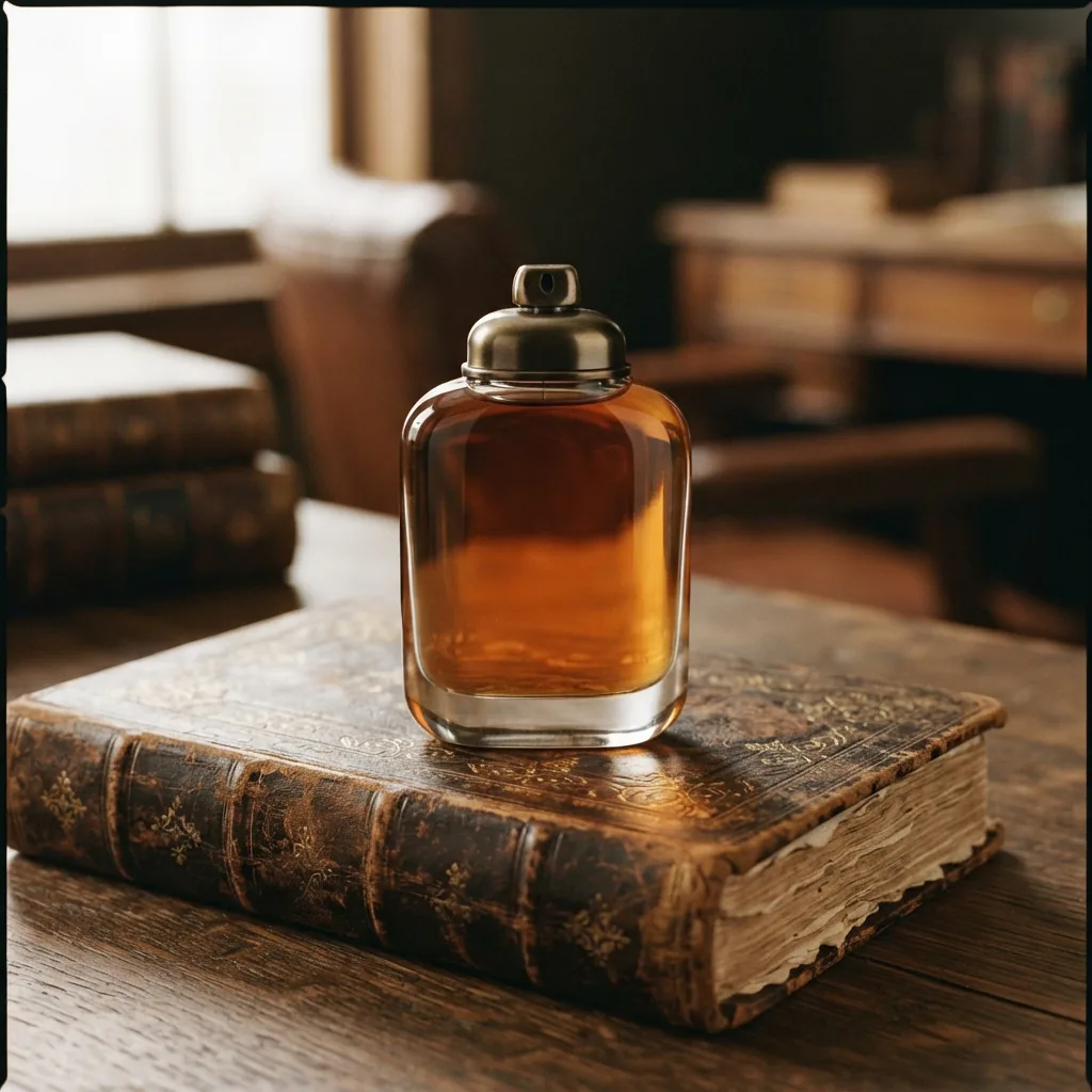 Coach Heritage Cologne bottle with herbal and leather motifs on a classic background.