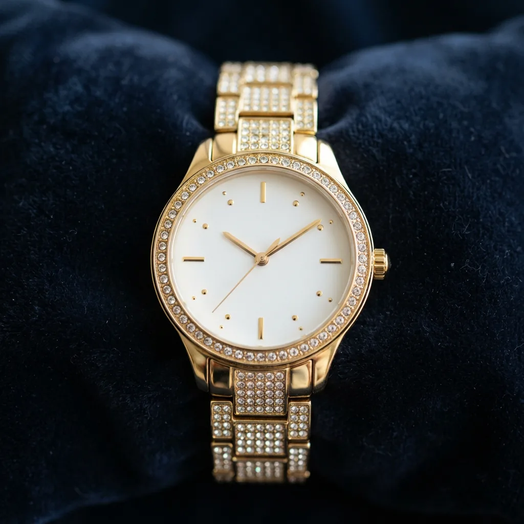 Coach Reese White Rectangular Dial Watch with Crystal Gold-Tone Bracelet displayed on a velvet surface.