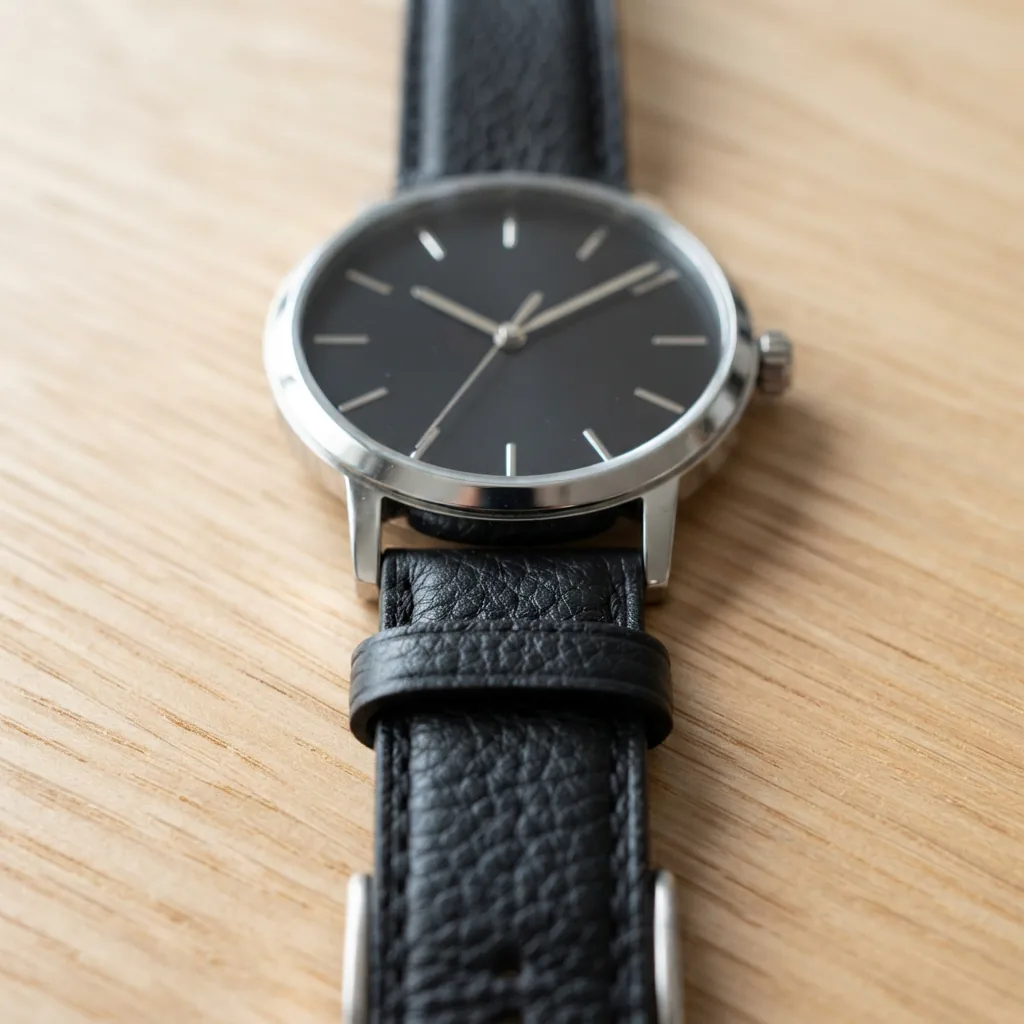 Coach Reese Black Rectangular Dial Watch with Leather Strap resting on a wooden desk.