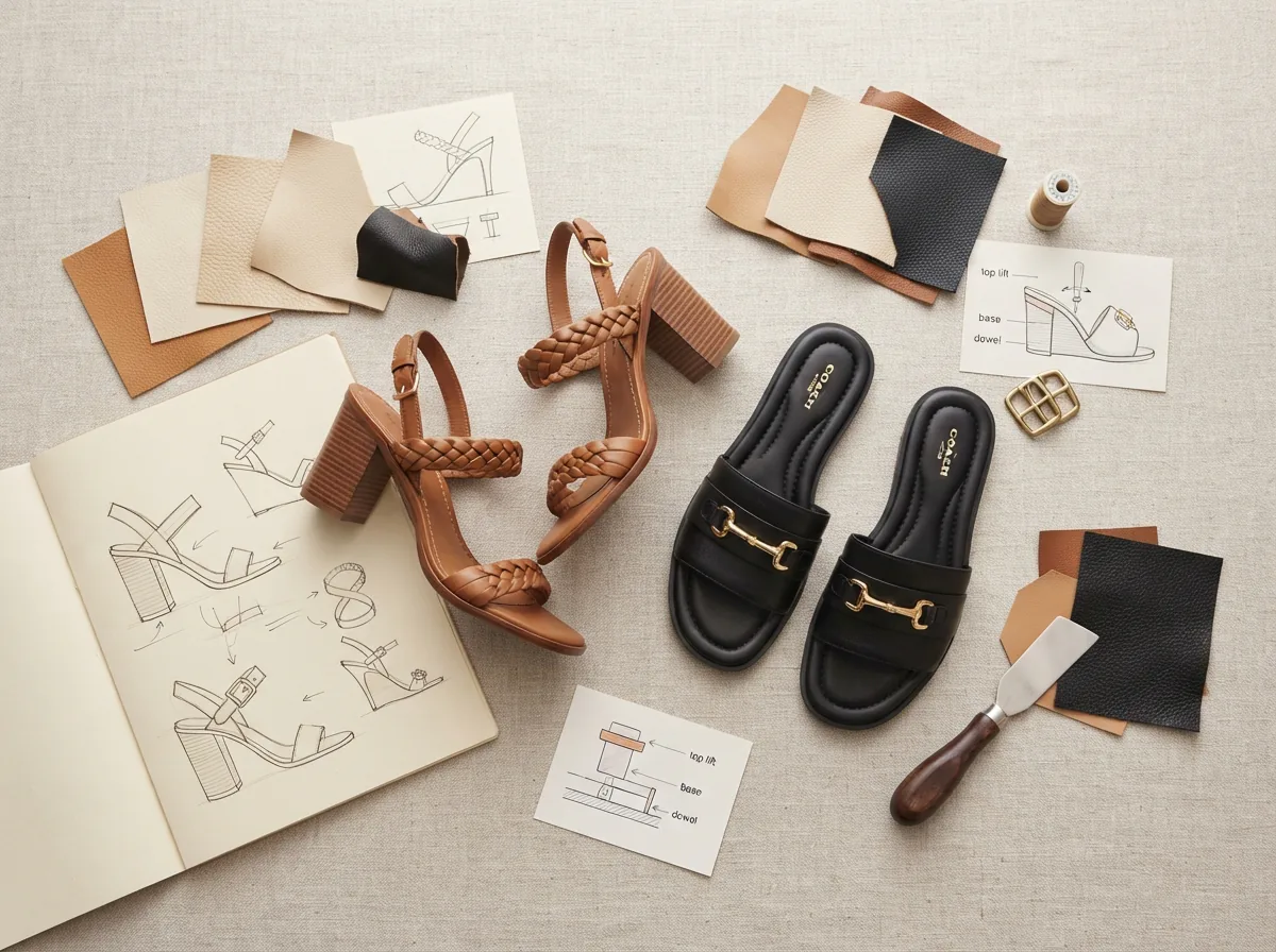 Coach sandals arranged with materials and design elements to illustrate selection factors.