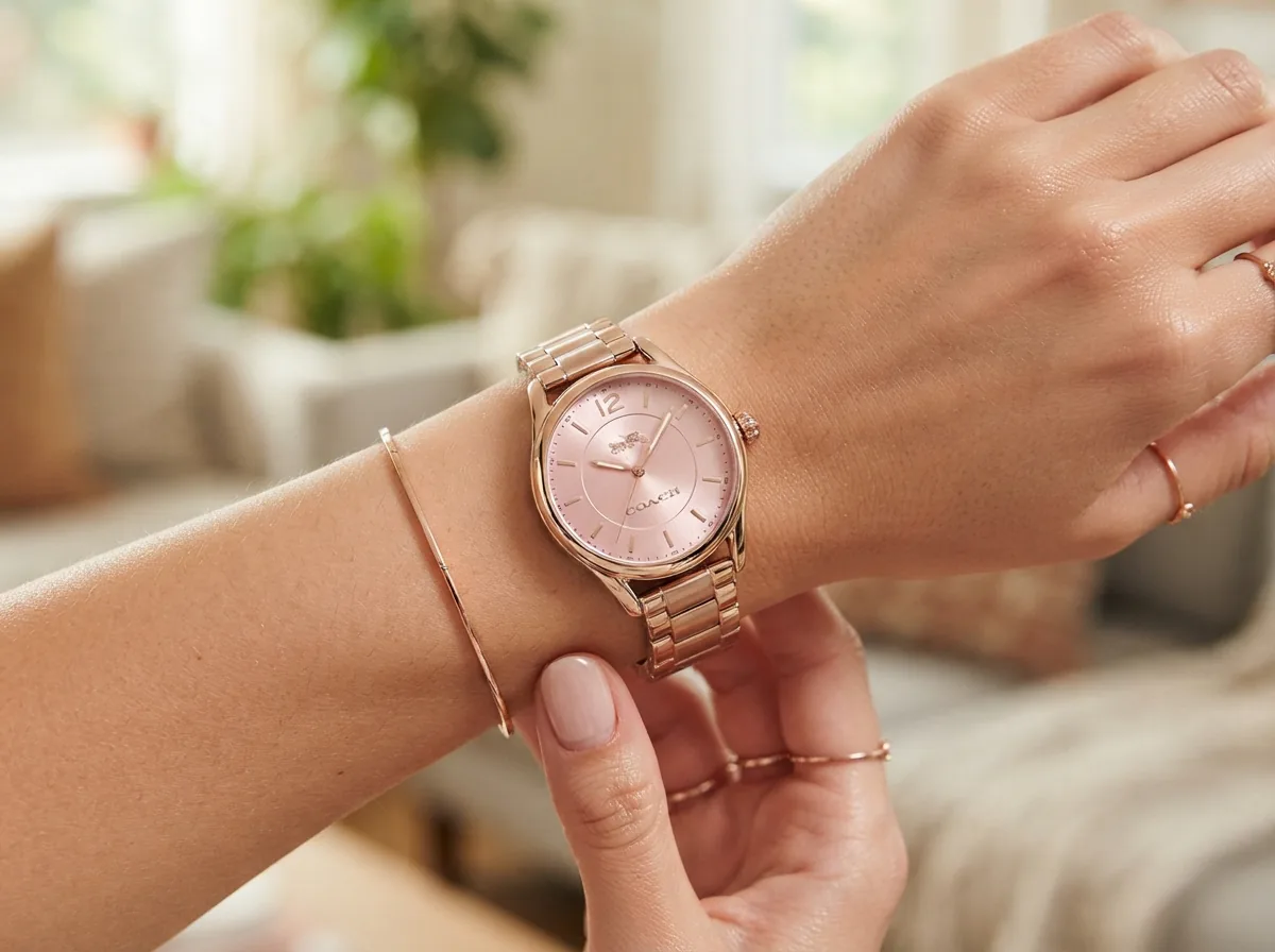 Coach Reese Pink Rectangular Dial Watch with Rose Gold-Tone Bracelet in a lifestyle setting.